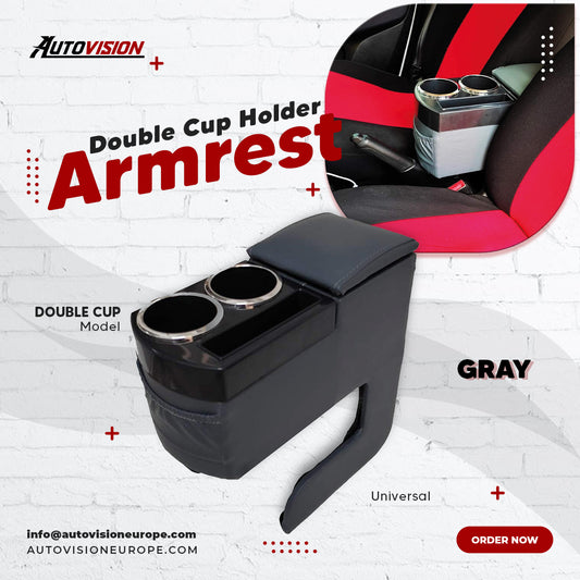 Double Cup Holder Armrest Model Gray Unassembled Without Screws Without Drilling Armrest Color Leather With Storage Reservoir